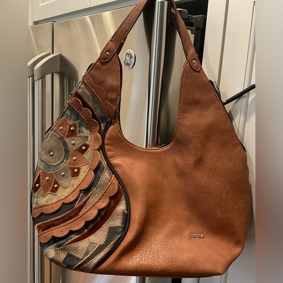 Kensie  Patchwork Faux/Vegan Tan Purse - Picture 16 of 16